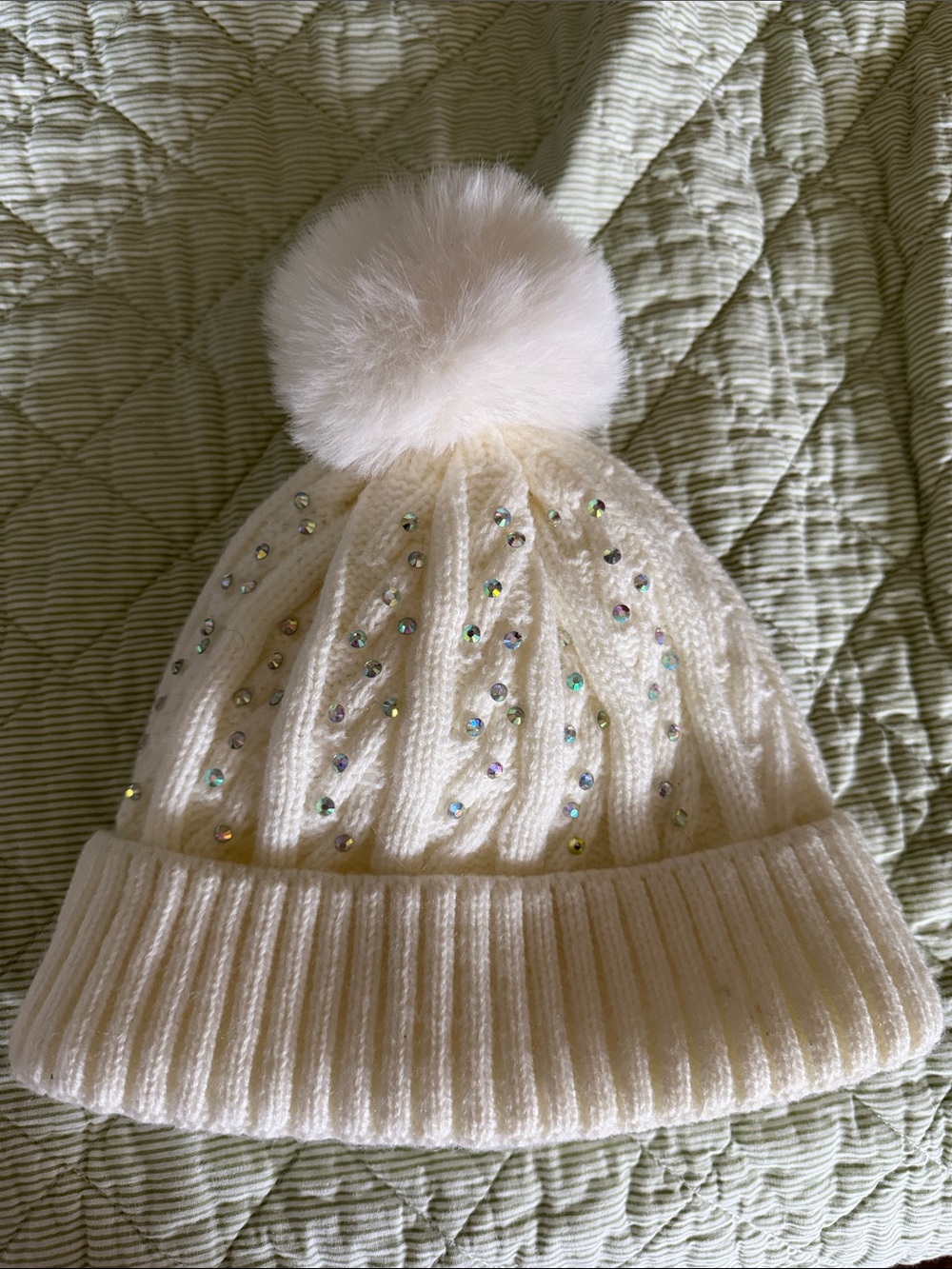 Kids Cream Knit Pom Pom Beanie Hat with Sparkle Accents